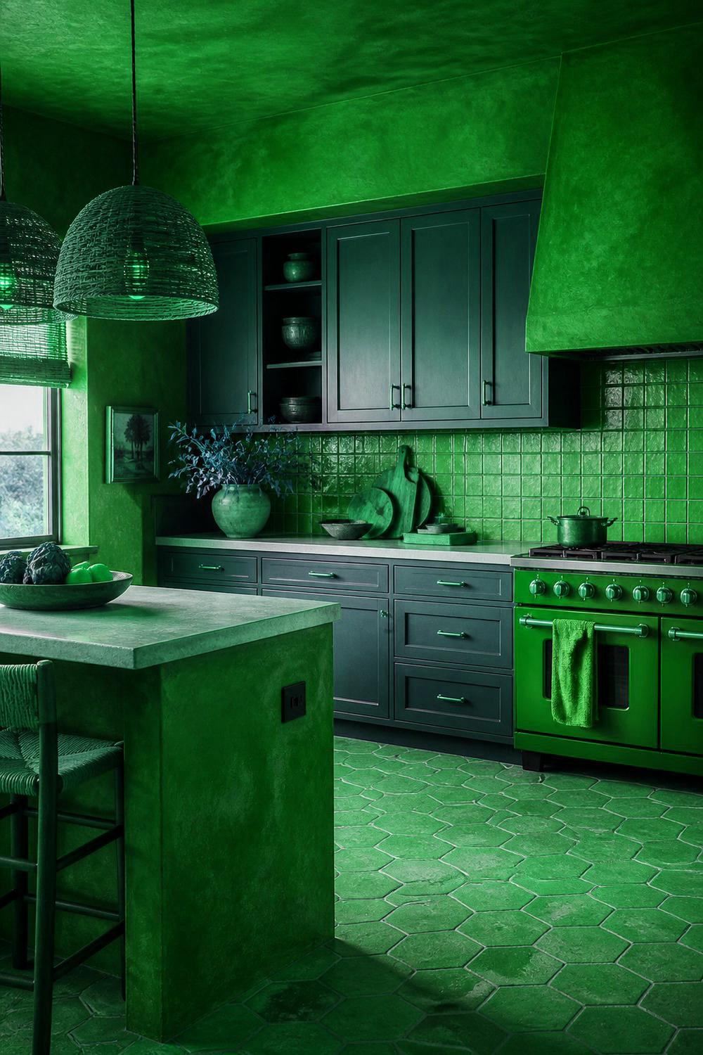 Bold Green Island Paired with Wood Bar Stools