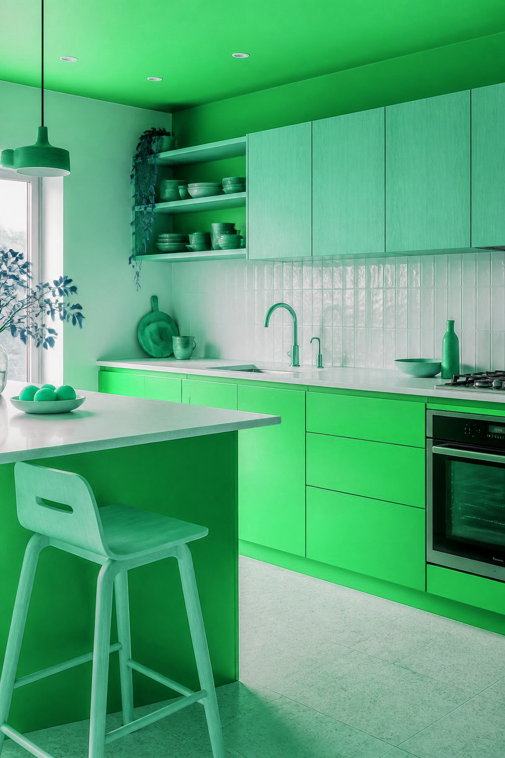 Bright Jade Green Island against Neutral Perimeter Cabinets