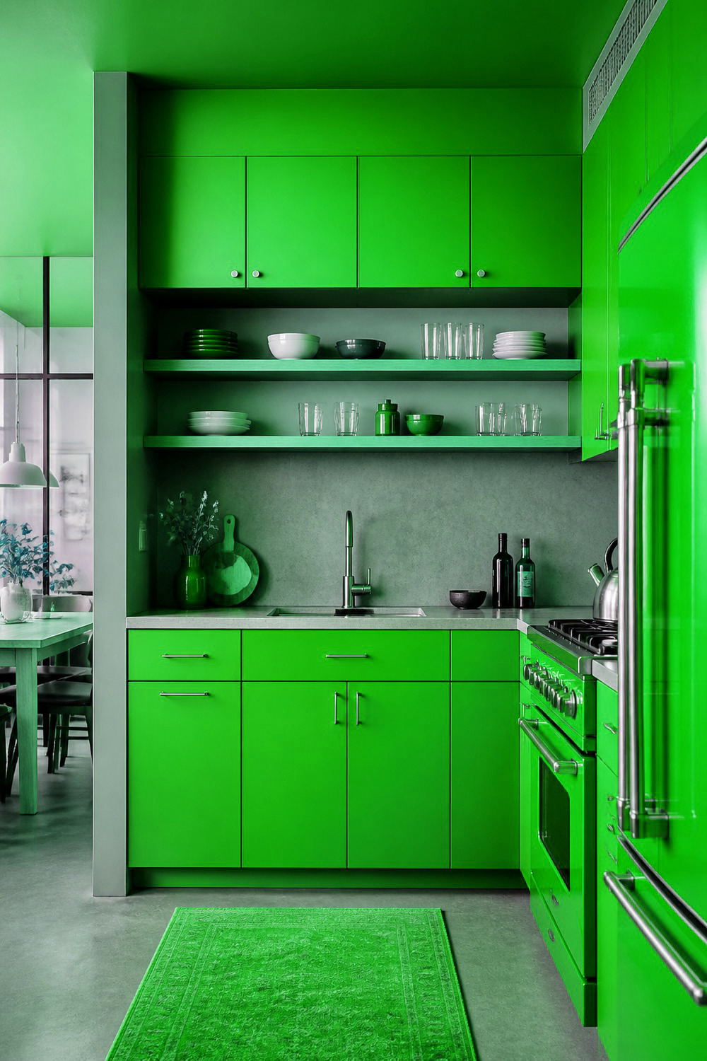 Green Cabinetry with Mixed Metal Hardware for Eclectic Flair