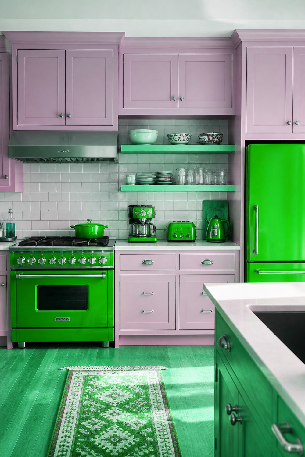 Deep Green Cabinetry with Patterned Tile Flooring