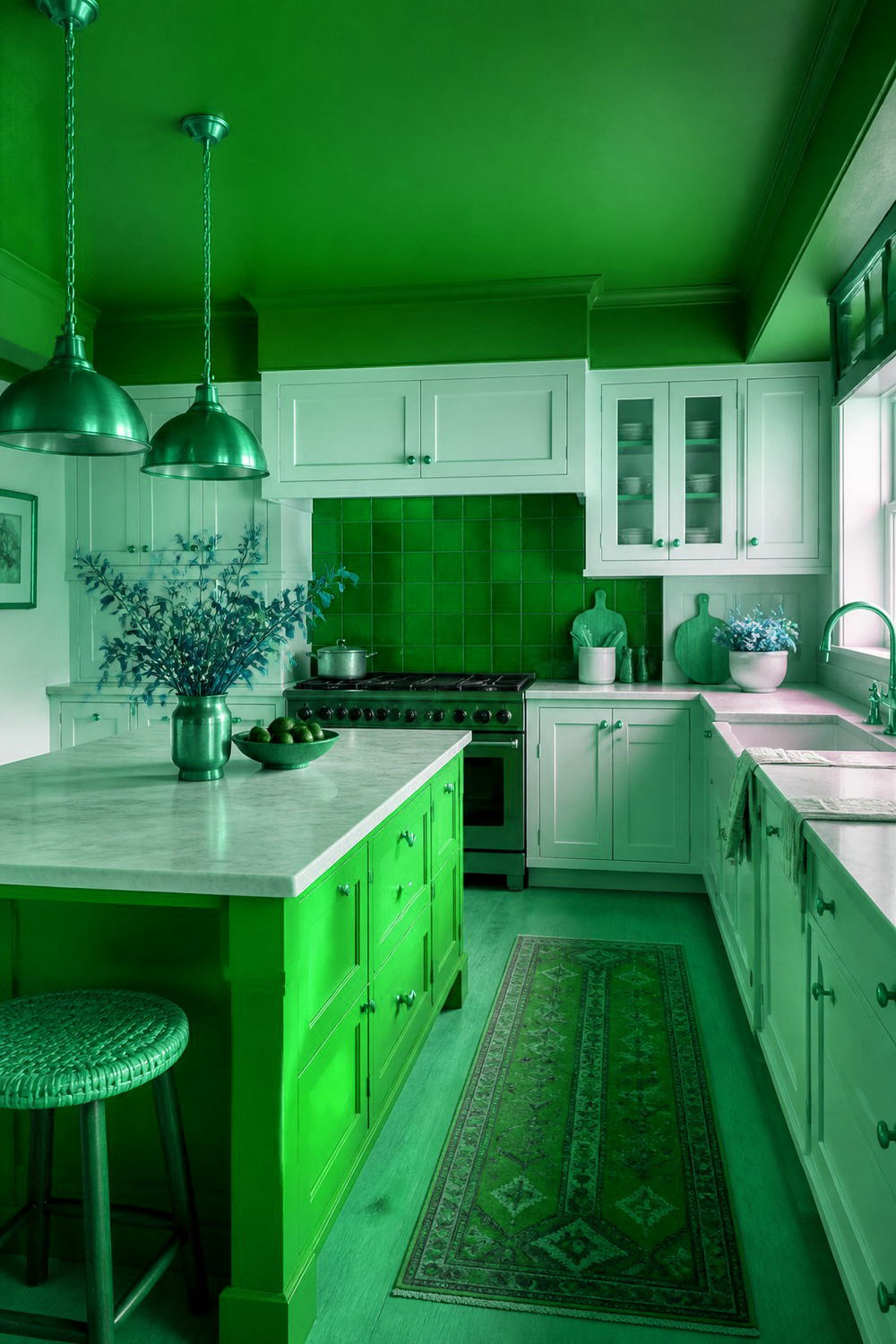 Vibrant Green Paired with Natural Stone Countertops