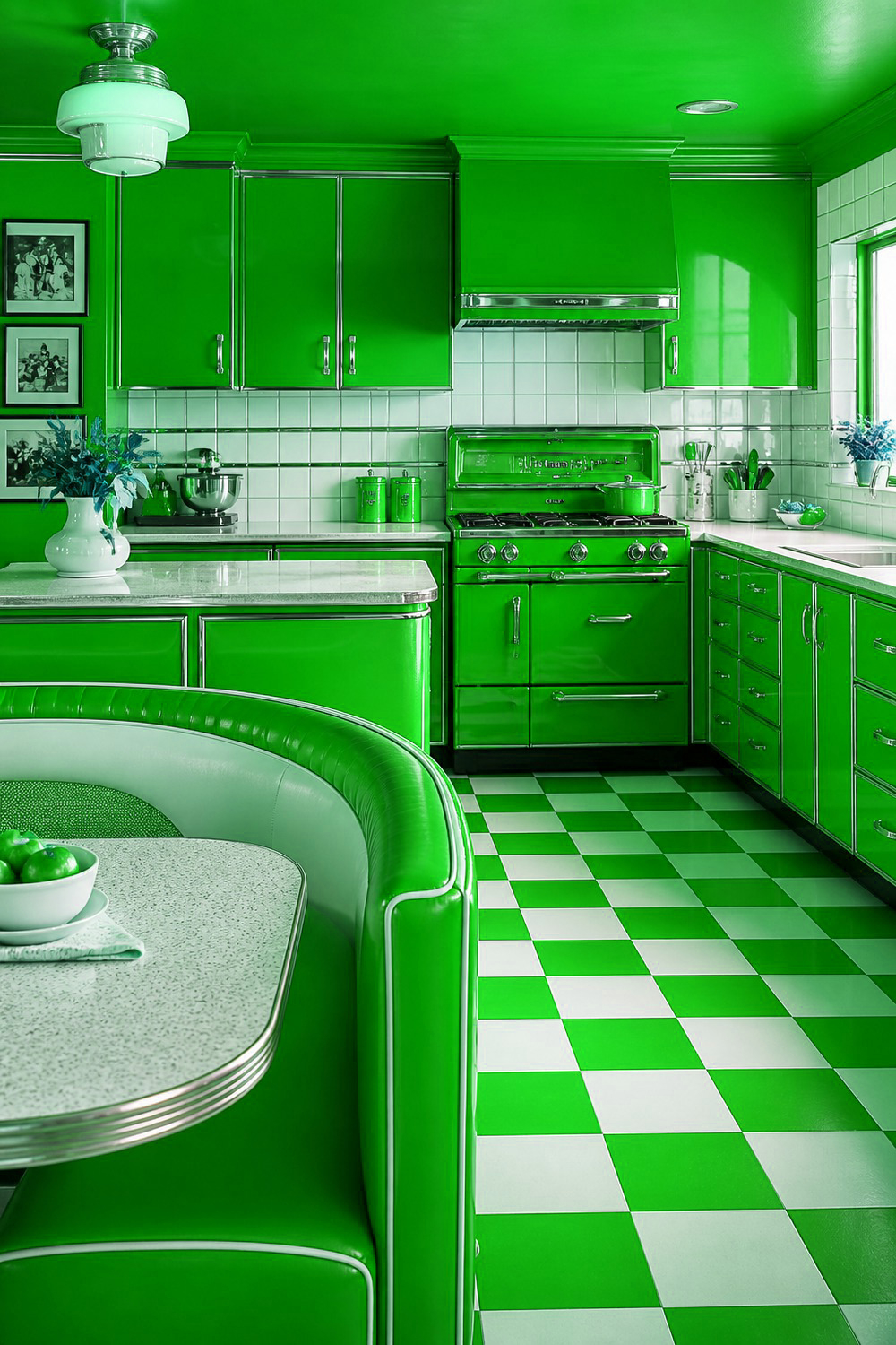 Bold Green Cabinetry with Terracotta Tile Accents