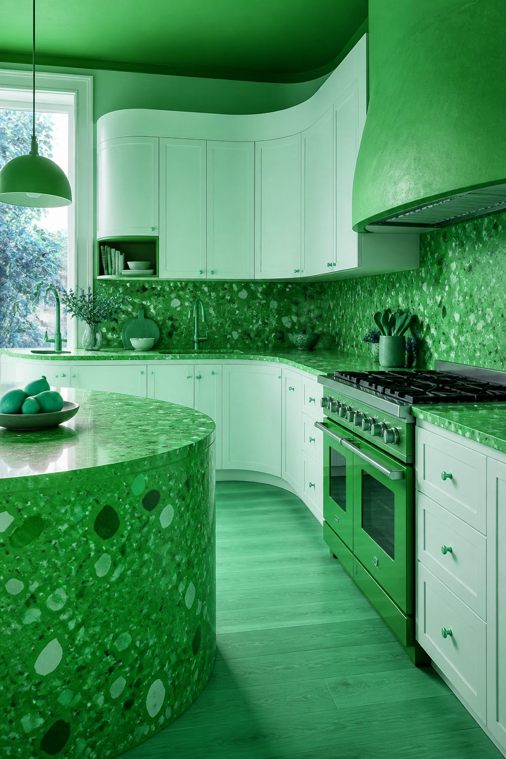 Emerald Tile Backsplash with Green Cabinetry for a Tonal Look