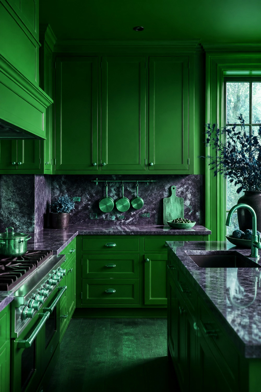 Bold Green Walls with White Cabinetry Contrast