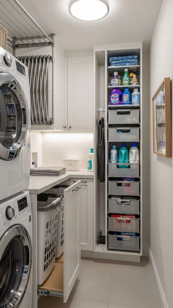 A Slim Rolling Cart Beside the Washer for Extra Storage