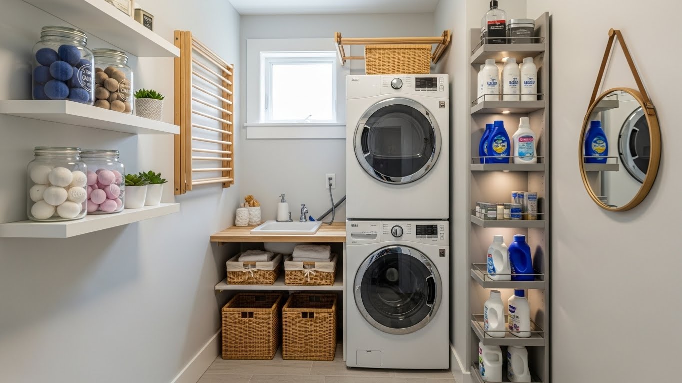 20 Stylish Small Laundry Room Ideas With a Top-Loading Washer Hero