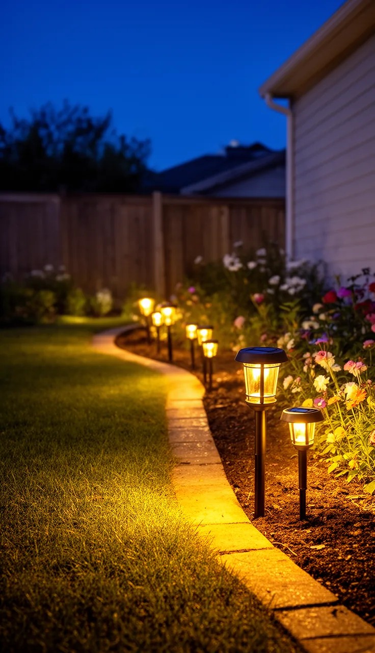 Solar Pathway Lights Lining a Garden Walkway