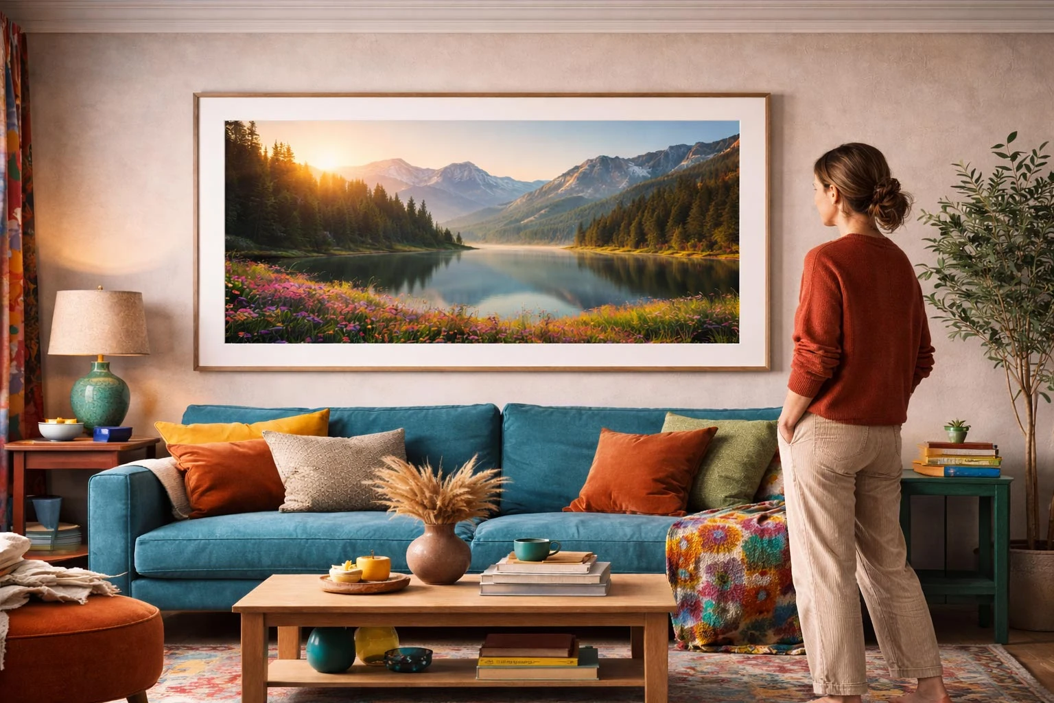 Large-Scale Photographic Print as an Architectural Statement Above a Sofa