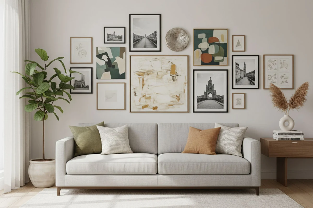 Cohesive Photographic Gallery Wall in a Styled Living Room