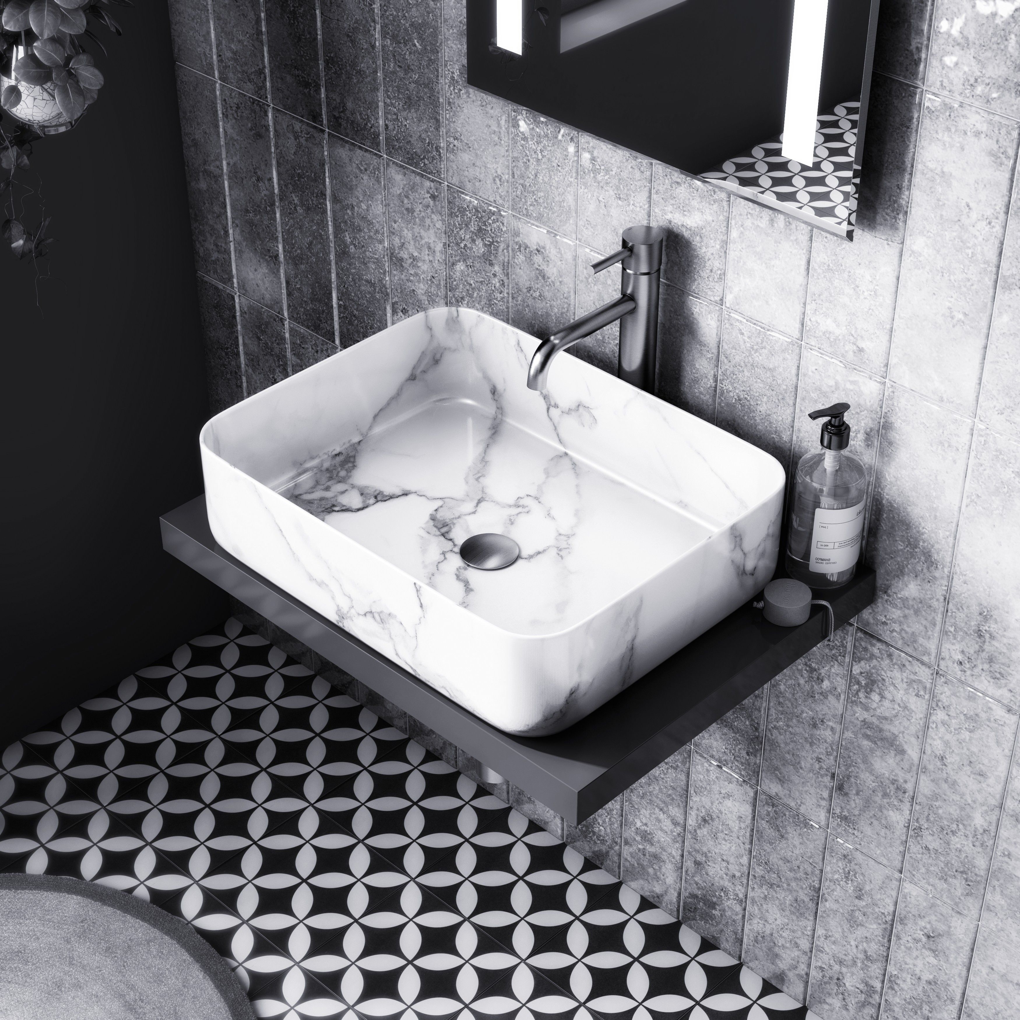 Dramatic Black-Veined Marble Shower Wall