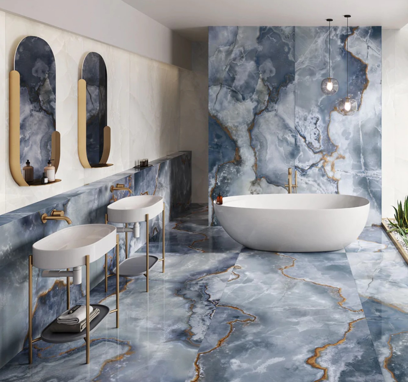 White Marble Countertop with Navy Blue Vanity Cabinet
