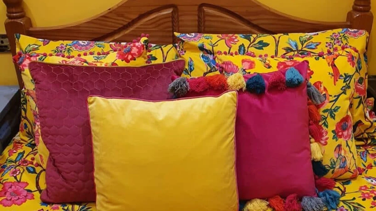Multiple patterned throw pillows in coordinating colors