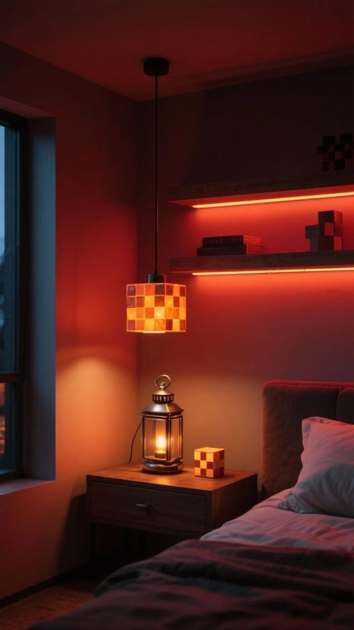 Minimalist Solid Oak Cube Nightstand Next to Low Platform Bed