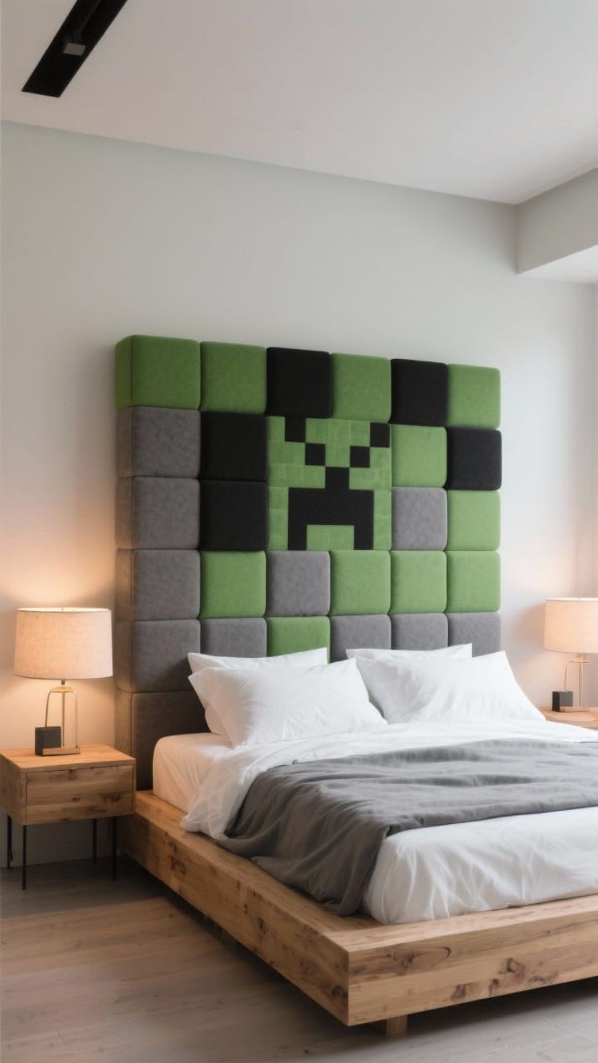 Modern Bed with Subtle Pixelated Green Grid Quilt and Terracotta Knit Throw