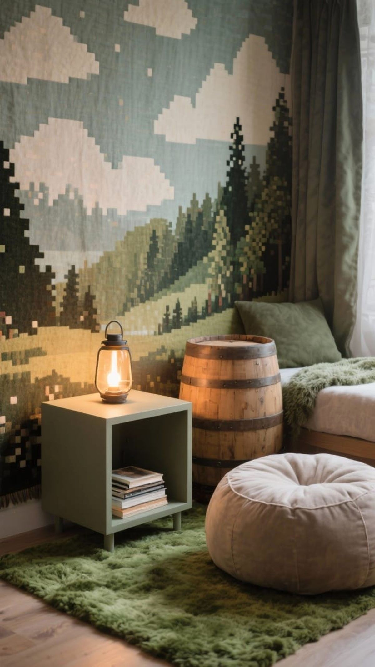 Plush Area Rug with Abstract Green and Brown Pixel Squares on Hardwood Floor