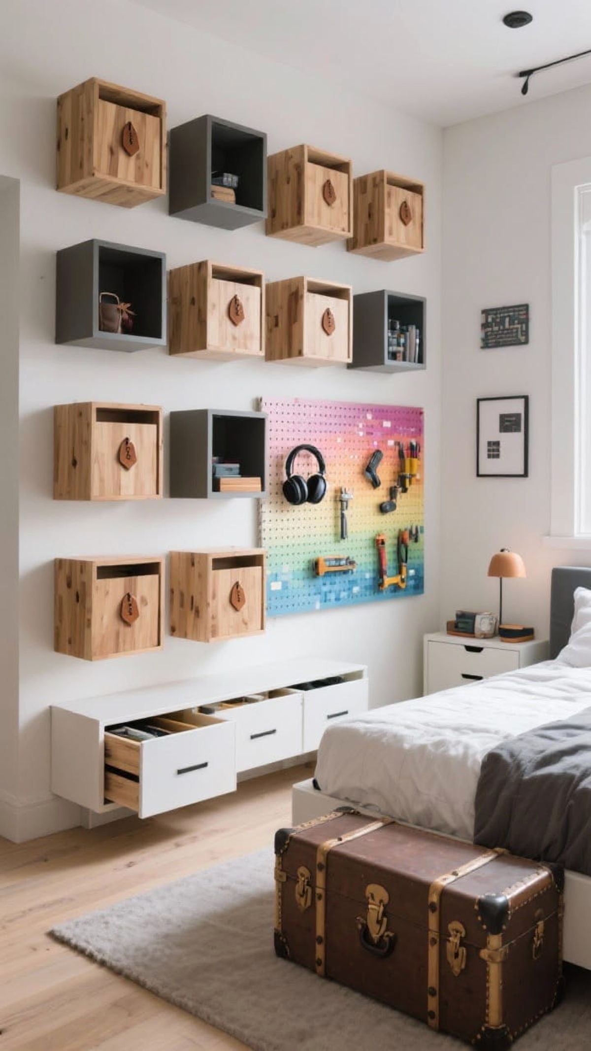 Textured Charcoal Gray Stone Block Accent Wall Behind Modern Bed