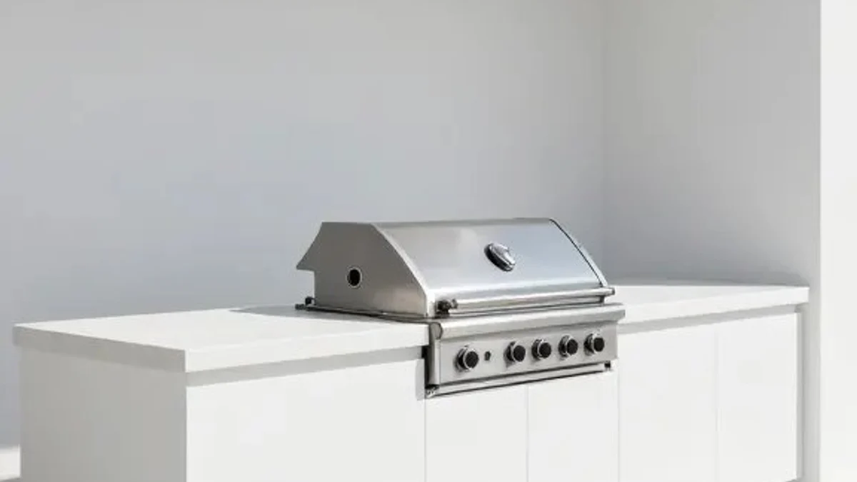 Single streamlined stainless grill station built into a minimalist white architectural counter