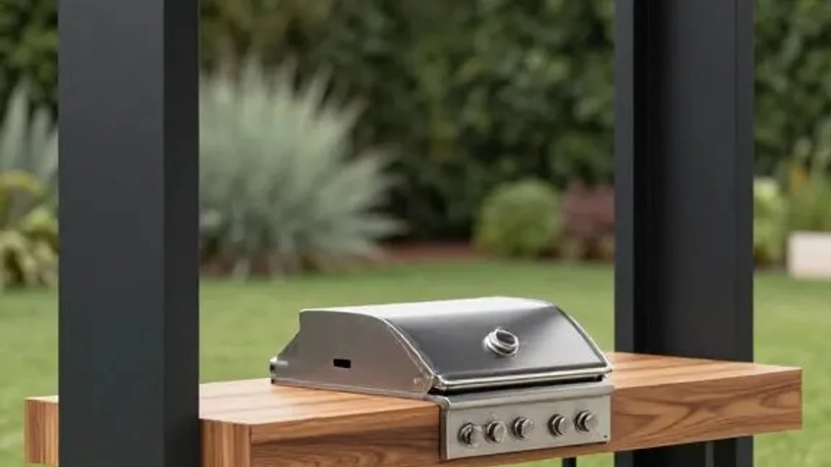 Compact freestanding teak and black steel minimalist outdoor grill station