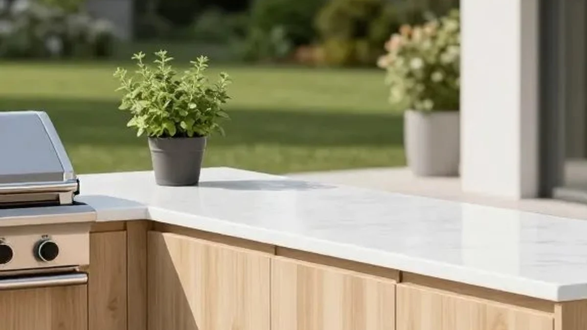 Uncluttered minimalist outdoor kitchen countertop styled with a single potted herb plant