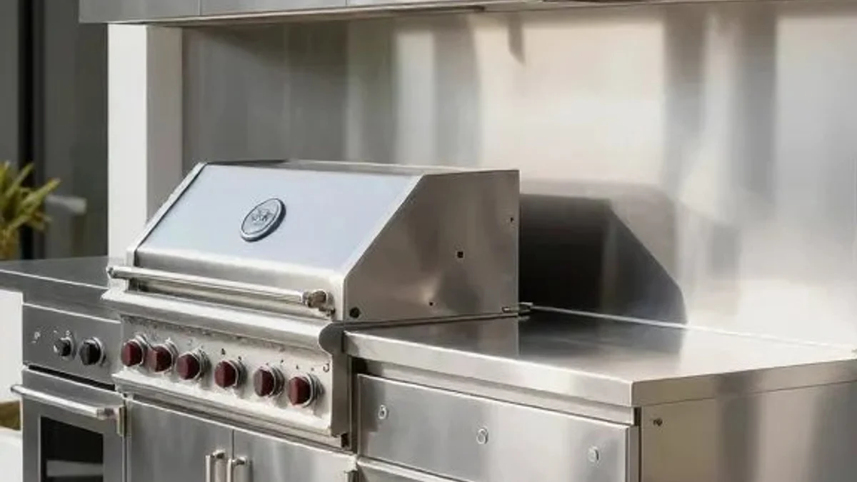 Monochromatic brushed stainless steel outdoor kitchen island with matching backsplash