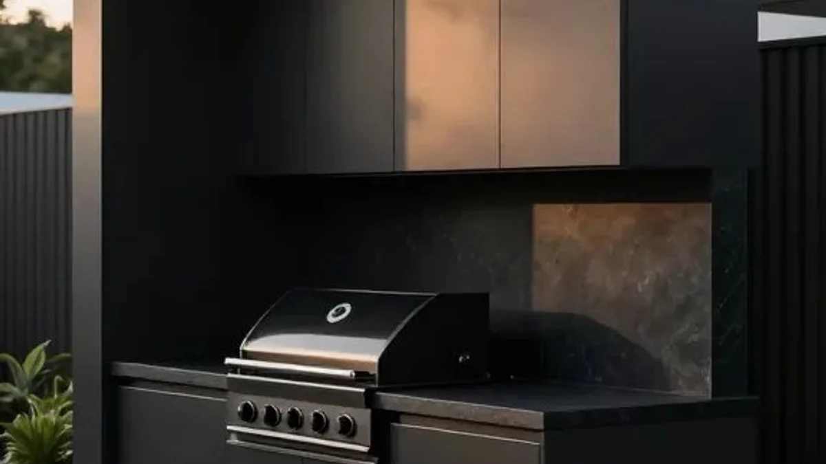 Matte black built-in concealed outdoor kitchen cabinetry eliminating visual clutter