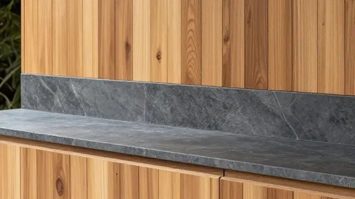Handle-free vertical cedar and teak slat outdoor kitchen cabinetry with dark soapstone counter