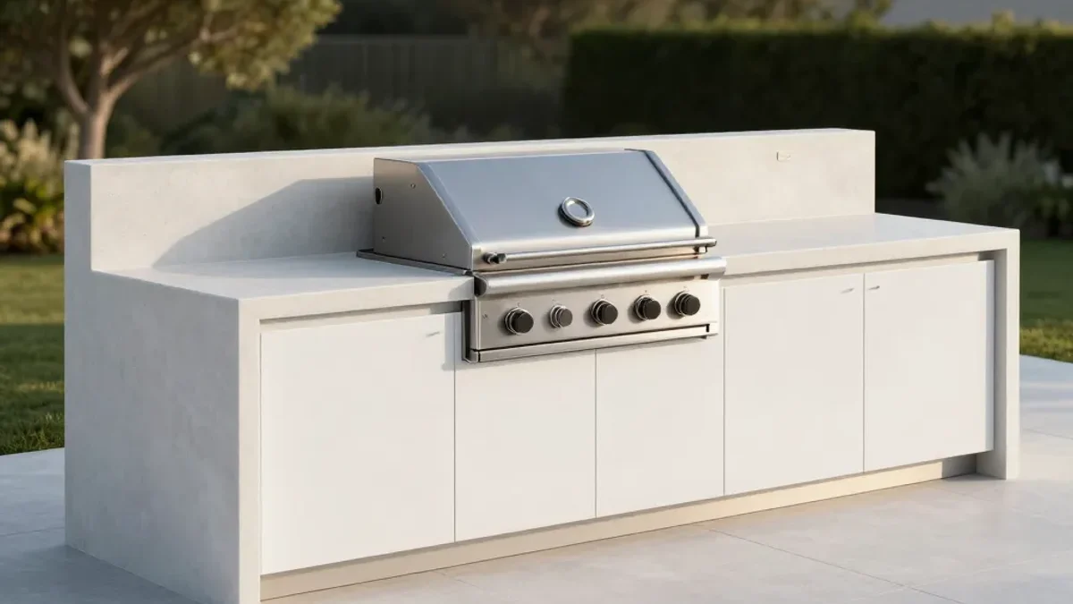 Minimalist outdoor kitchen featuring a monolithic cast-concrete island, flush flat-panel white doors, and a single built-in stainless grill