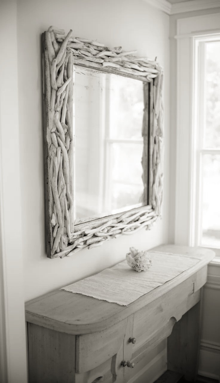 A Vintage Mirror Hung Above a Bench for a Styled Corner