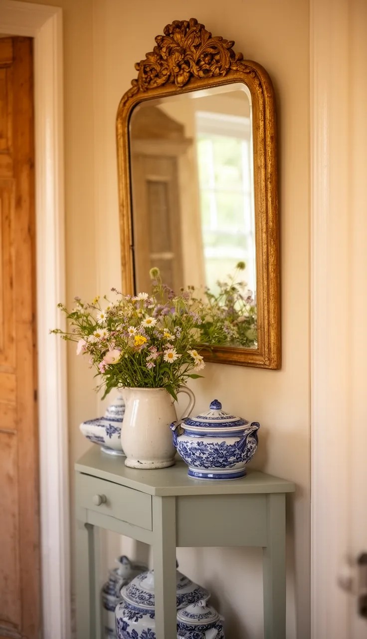 A Vintage Mirror Paired with a Console Table Vignette