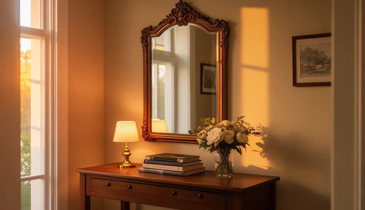 An Oversized Vintage Mirror to Expand a Small Entryway