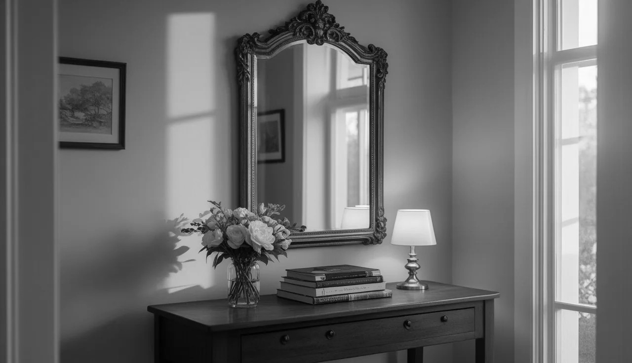 A Vintage Mirror Leaned Rather than Hung for a Relaxed Look