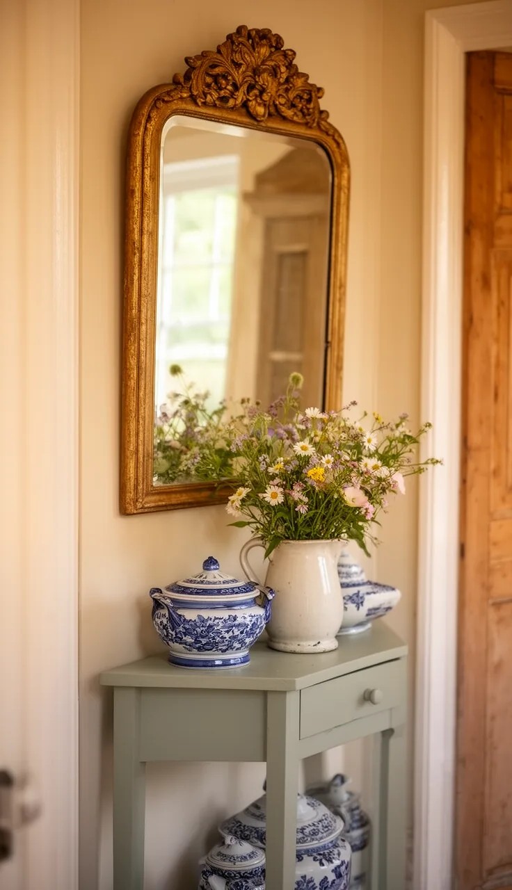 A Vintage Mirror Paired with Warm Sconce Lighting