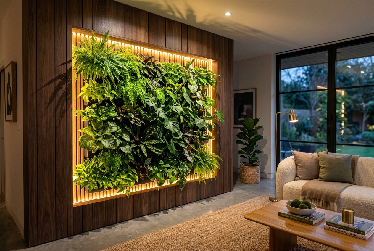 Modern Indoor Plant Wall Design with LED Lighting Hero
