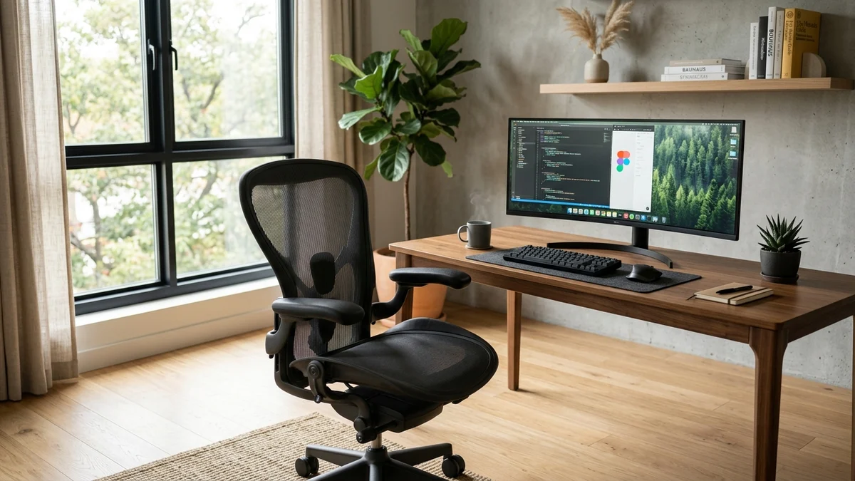 Ergonomic office chair for back pain and long working hours inside a sunlit modern home office workstation