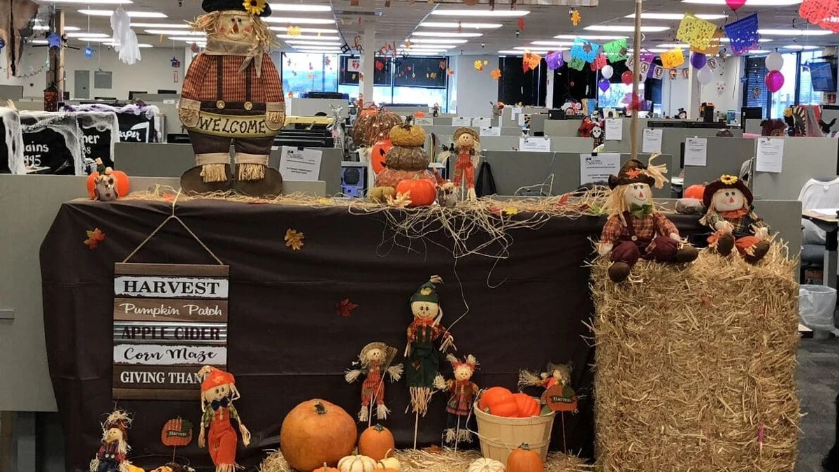 A mini desktop pumpkin or gourd display on office desk