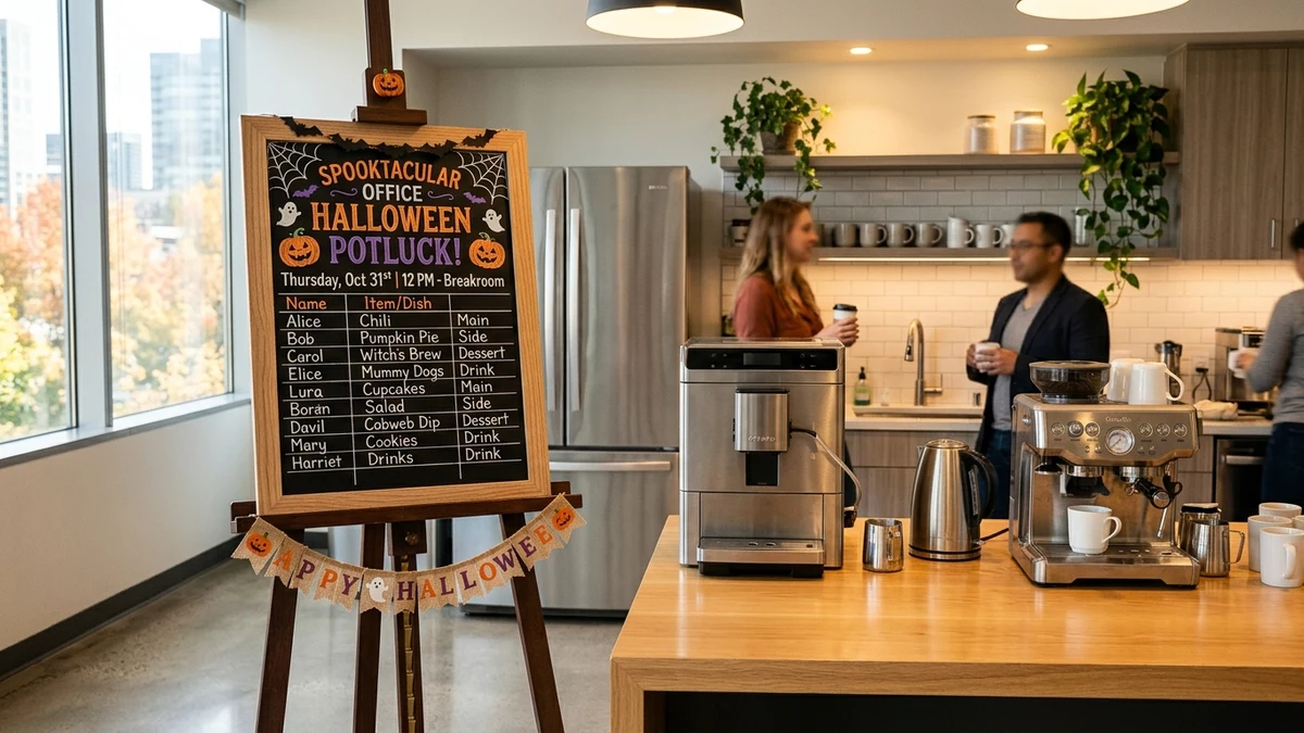 A Halloween-themed potluck signup sheet display