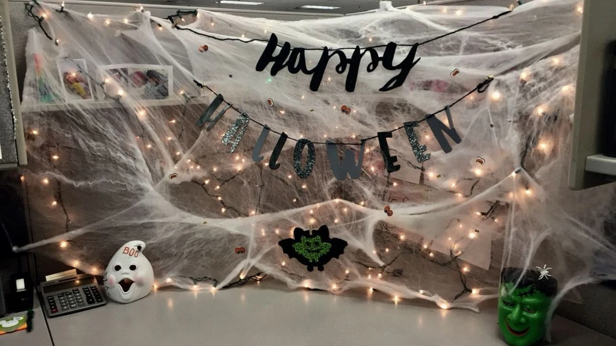 A shared team photo booth corner with simple props