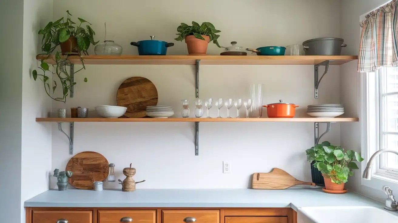 Open Floating Shelves in Small Open Concept Kitchen