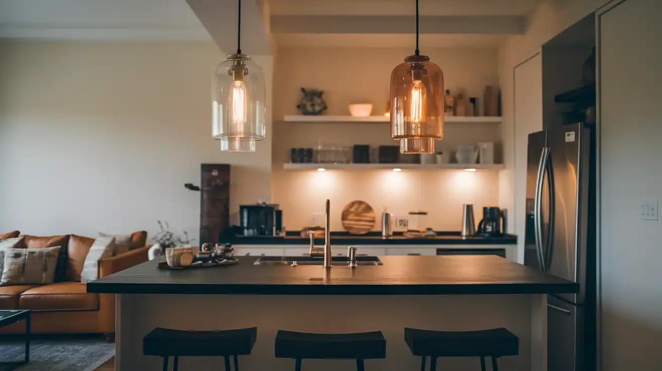 Statement Pendant Lights Over Island in Open Concept Room