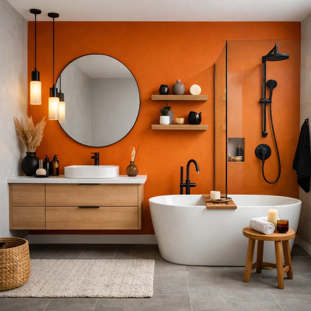 Burnt Orange Walls with Matte Black Fixtures in a Modern Bathroom