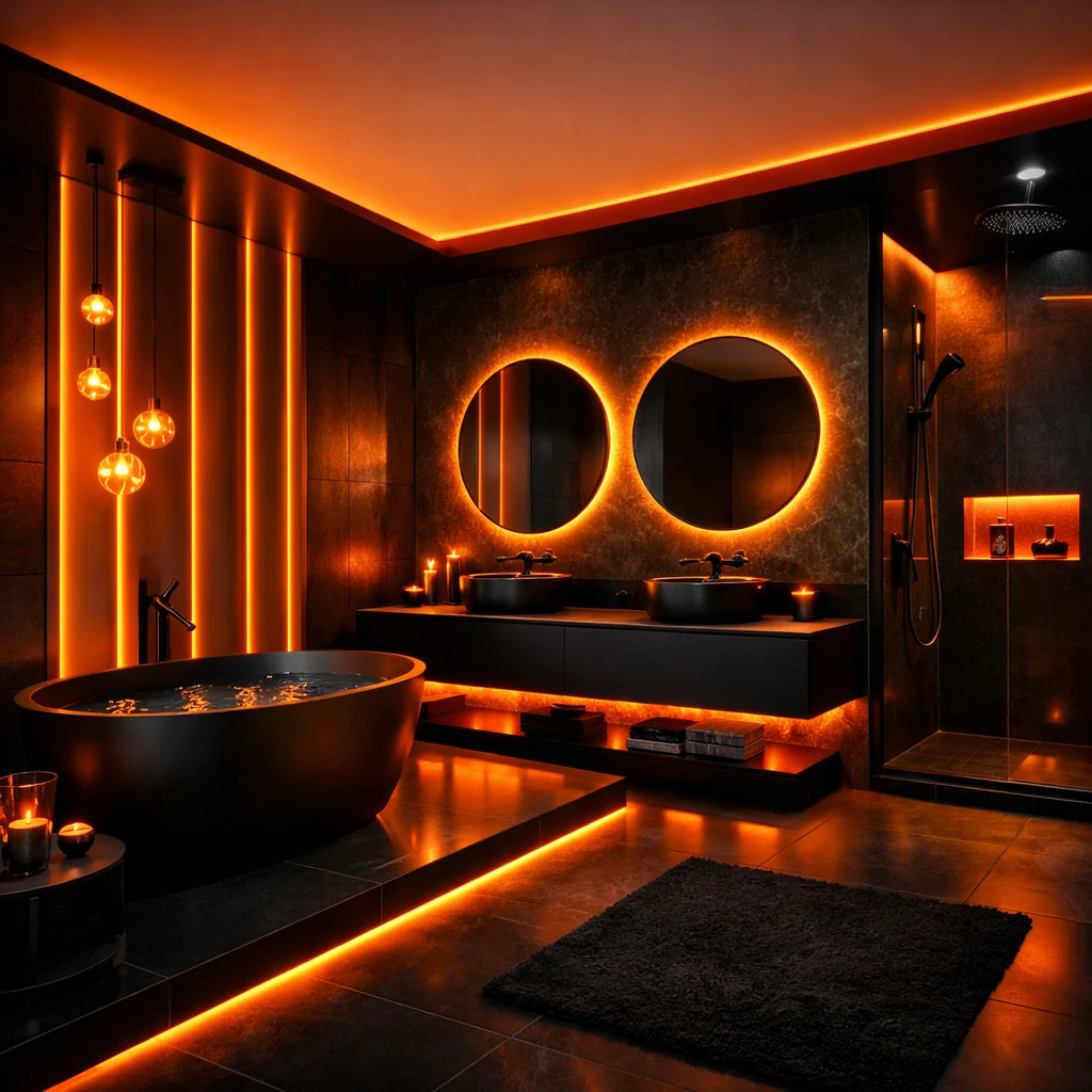 Bold Orange Ceiling and Creative Amber Lighting in a Black Bathroom