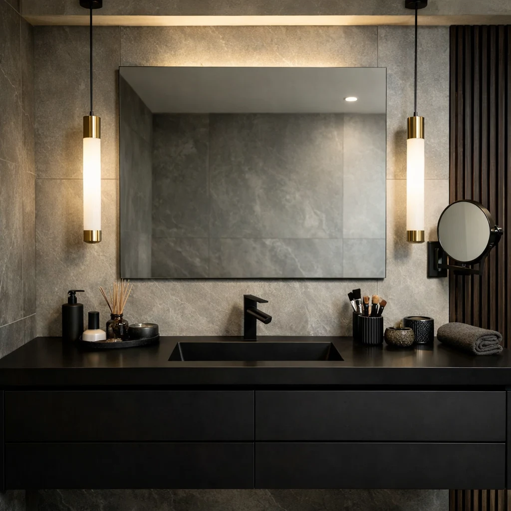 Black Tile Bathroom with a Bold Orange Vanity Statement Piece