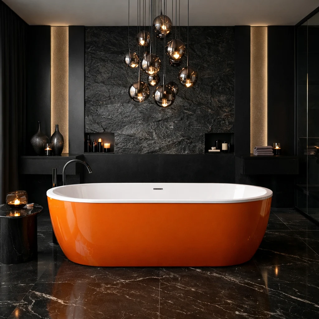 Sculptural Soaking Tub in an Orange and Black Designer Bathroom