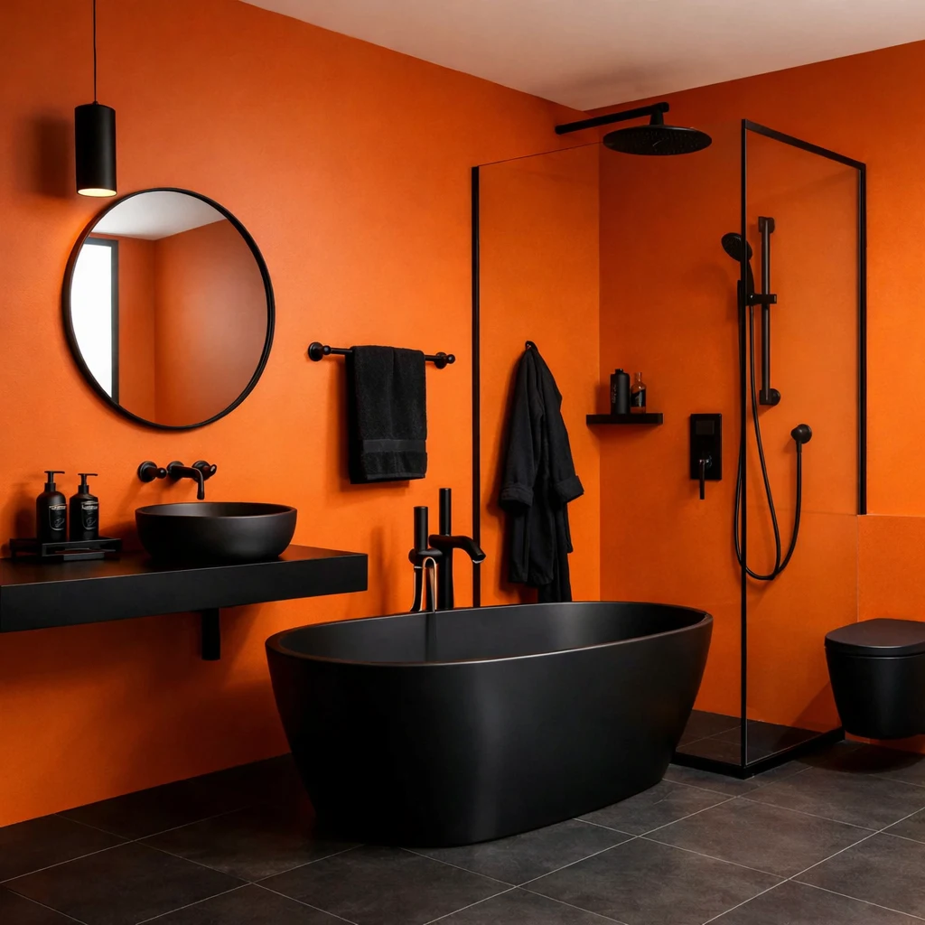 Matte Black Bathroom Cabinetry and Fixtures with Warm Orange Tile