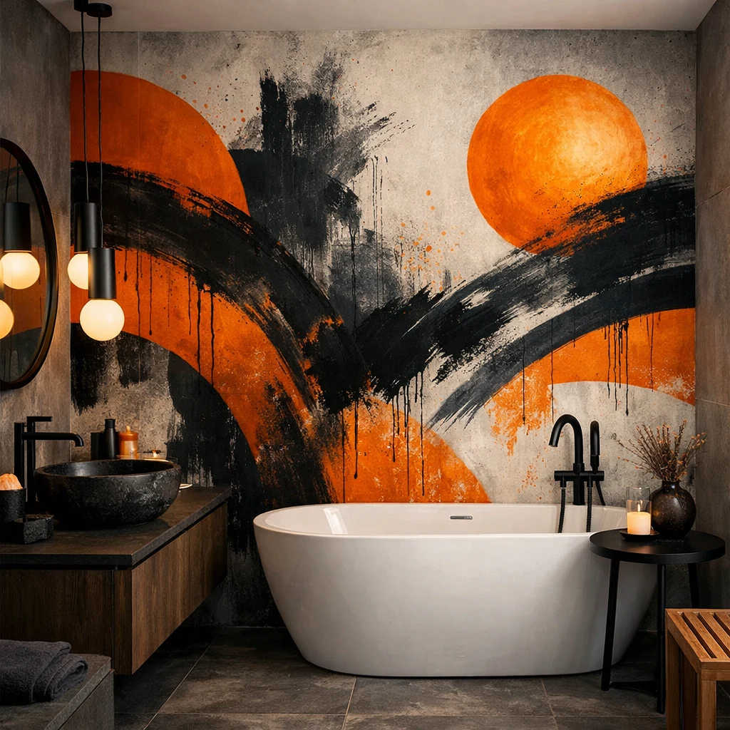 Black and Orange Bathroom with Warm Wood Tones and Framed Wall Art