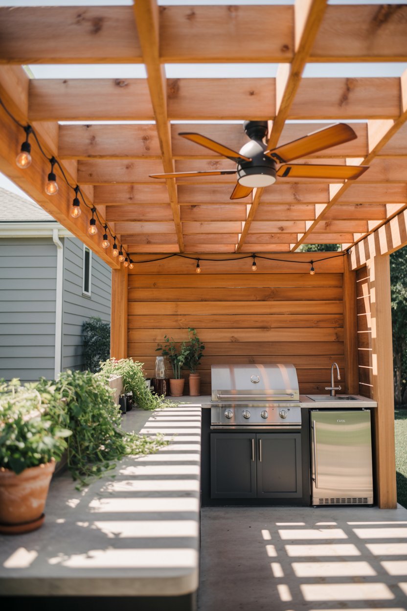 1. A Pergola-Covered Outdoor Kitchen with an Open-Air Feel