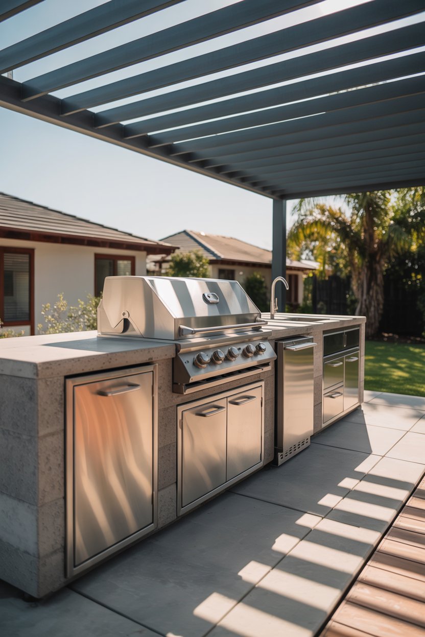12. A Modular Outdoor Kitchen Layout with Retractable Coverage