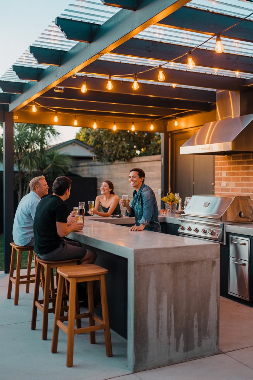 6. An Outdoor Kitchen with a Bar Seating Counter for Guests