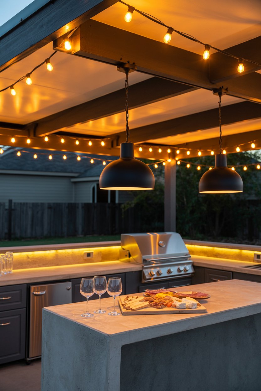 7. Overhead String and Pendant Lighting for Evening Ambiance