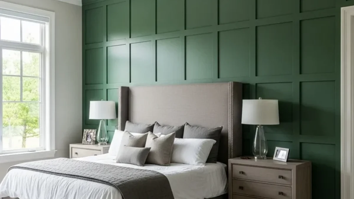 Full-wall wood paneling behind the headboard